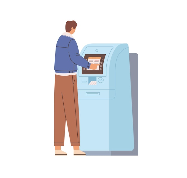 Person withdrawing cash in ATM. Man using automated teller machine for money withdrawal and bank payments. Electronic terminal with touch screen. Flat vector illustration isolated on white background.