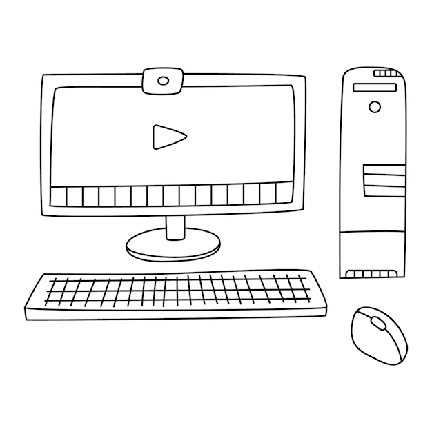 Personal computer with monitor pc tower keyboard and mouse doodle illustration black outline