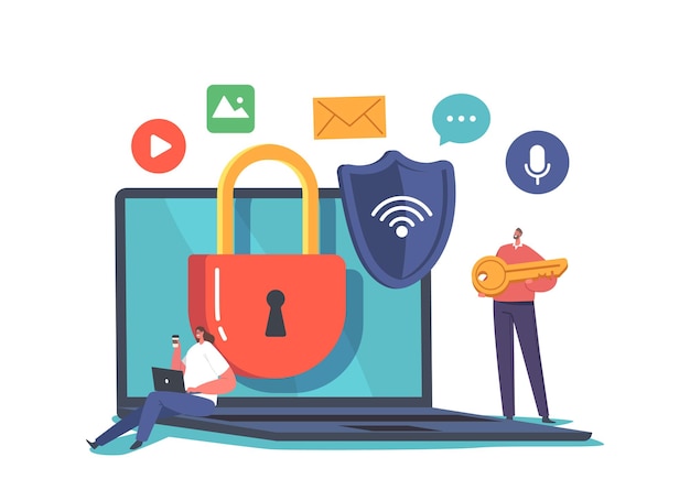 Personal Data Safety in Internet Computer and Account Protection Concept Characters Work on Protected Computer