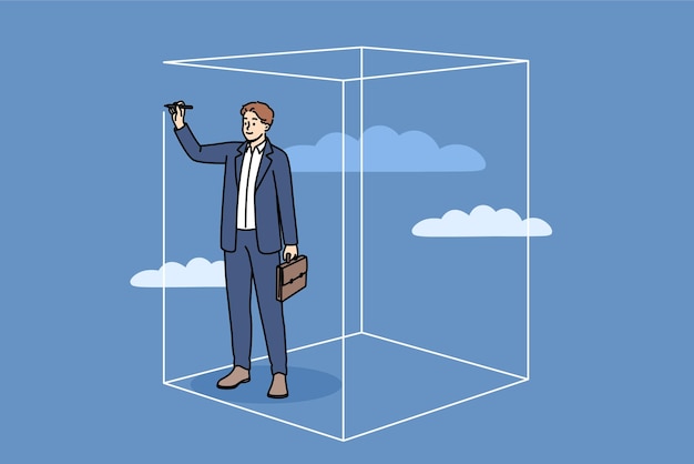 Personal space of business man drawing boundaries with pencil and flying among clouds