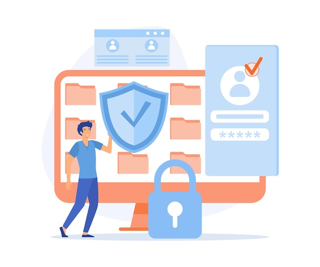 Personlig cyberspace data sikkerheds skjold log ind beskyttelse webadgang kontrol flad vektor moderne illustration