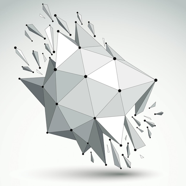 Perspective technology demolished shape with black lines and dots connected, polygonal wireframe object. Explosion effect, abstract faceted element cracked into multiple fragments.