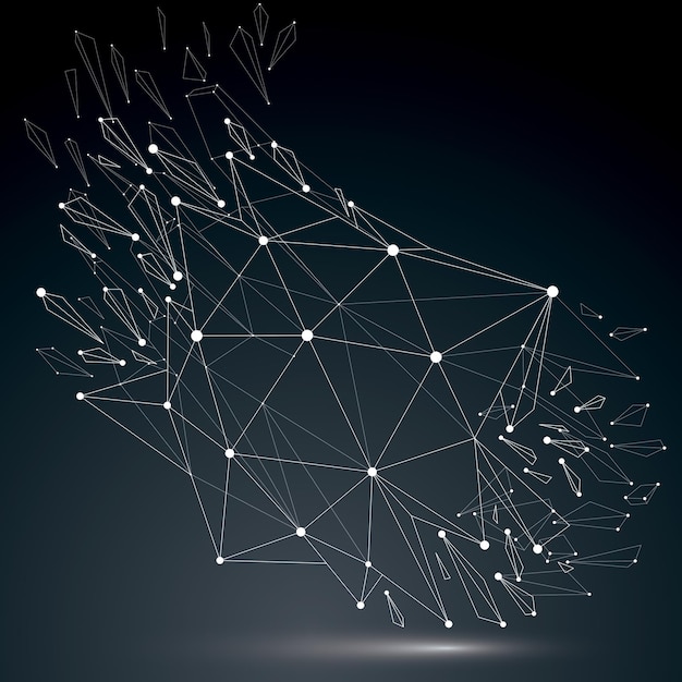 Perspective technology demolished shape with luminescent connected white lines and dots, polygonal wireframe object. Explosion effect, abstract faceted element cracked into multiple fragments.