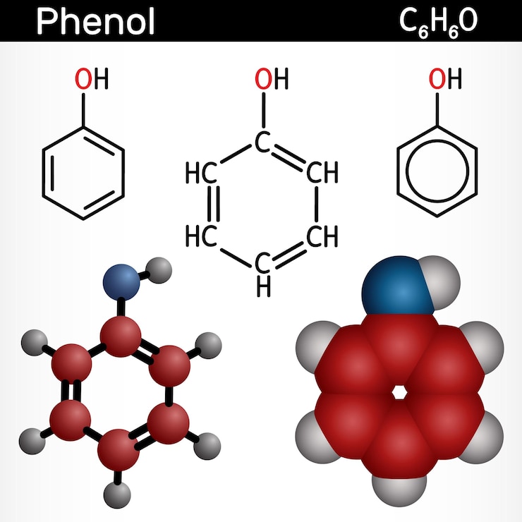 Vektör phenol carbolic acid molecule structural chemical formula molecule model