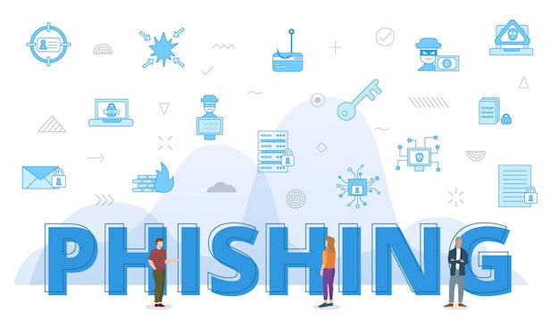 Phishing concept with big words and people surrounded by related icon with blue color style