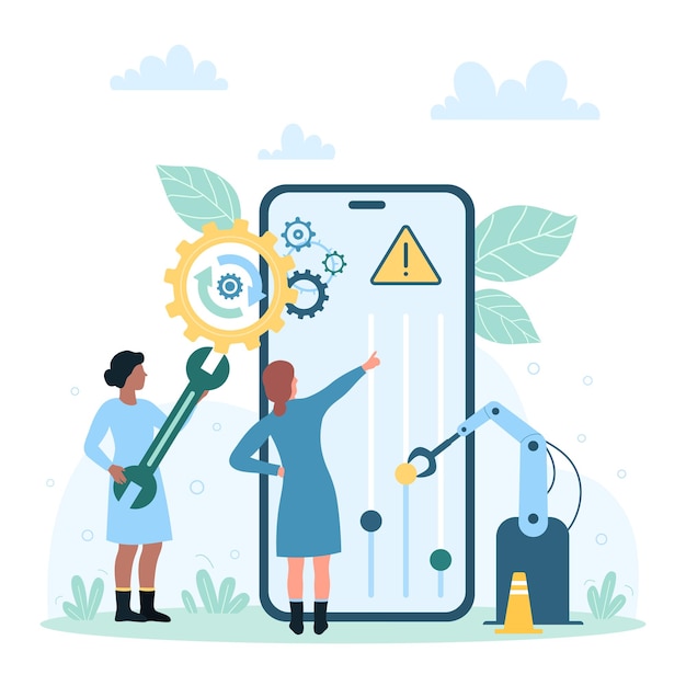 Phone smart system customization tiny people move sliders of settings on control panel