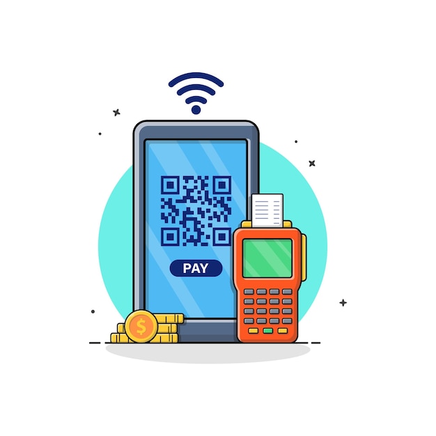 Phone with POS Machine and Gold Coins Card Vector Illustration Online Payment Concept Design