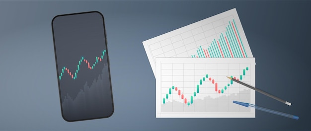 Phone with uptrend line chart, histogram and bull market stock numbers. Letterheads with business charts. Vector.