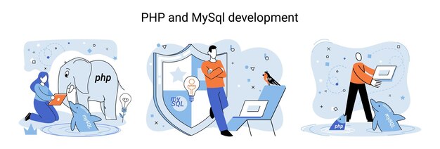 PHP and MySql development metaphor Software website developer with computer programmer service open source general purpose programming language Scripting web applications allows to create programs