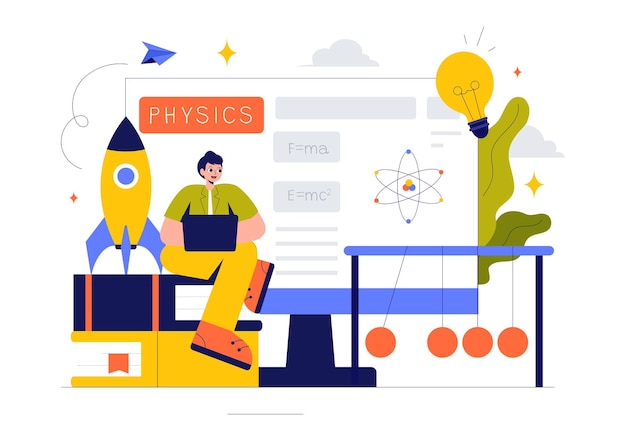 Physics Learning Vector Illustration featuring Students Exploring Electricity Magnetism Light Waves and Forces of Science and Technology Exploration