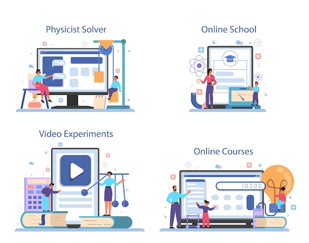 Physics school subject online service or platform set. Scientist explore electricity, magnetism, light wave and forces. Online solver, course, school, video experiment.   
