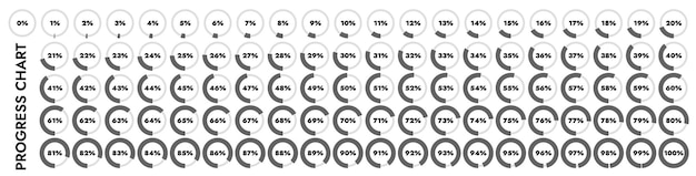 Pie charts load indicators from 0 to 100 They show processes such as progress completion loading and unloading of data
