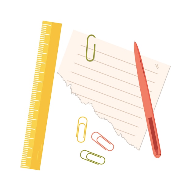 Piece of blank line note paper with pen paper clips and ruler School supplies Vector illustration