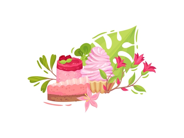 Piece of chocolate cake raspberry cake with berries and basket with lush cream vector illustration