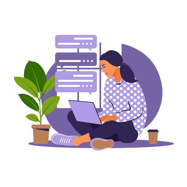 Pige med bærbar computer i lænestolen. Arbejder på en computer. Freelance, online uddannelse eller sociale medier koncept. Arbejder hjemmefra, fjernjob. Flad stil.