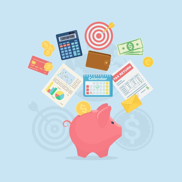 piggy bank with dollar bills, calculator, calendar, wallet, tax form, credit card on background