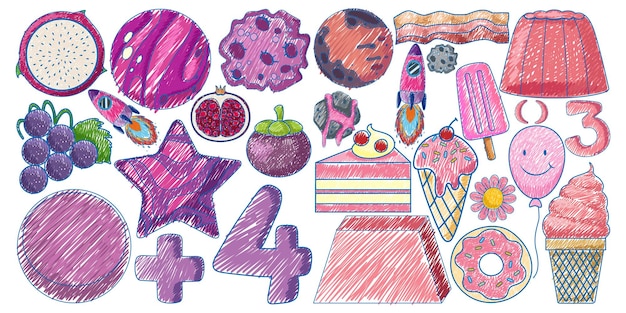 pink objects in pencil colour sketch simple style