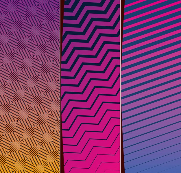 Pink purple yellow gradient and pattern backgrounds frames set, cover design.