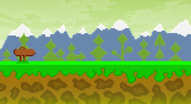 Pixel 2d retro 8 bit walk track mountains trees game background
