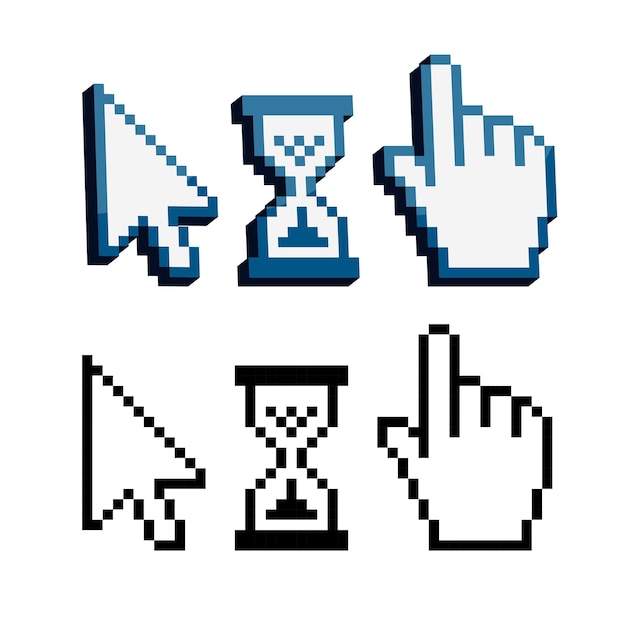 Pixel 3d cursors ikoner Hånd Pil Timeglas