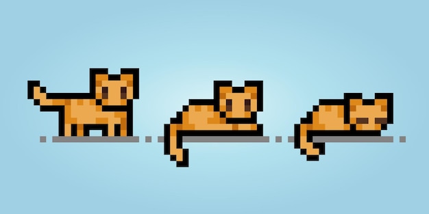 pixel 8 bit cat collection animals for game assets in vector illustration