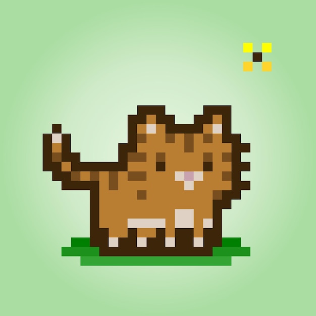 pixel 8 bit orange cat animals for game assets in vector illustration