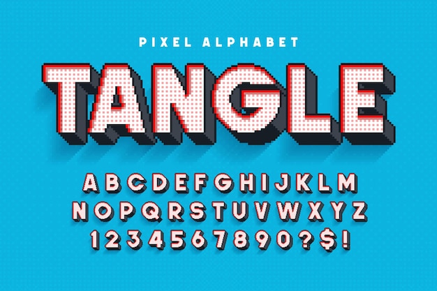 Pixel alphabet design stylized like in 8bit games High contrast retrofuturistic Easy swatch color control
