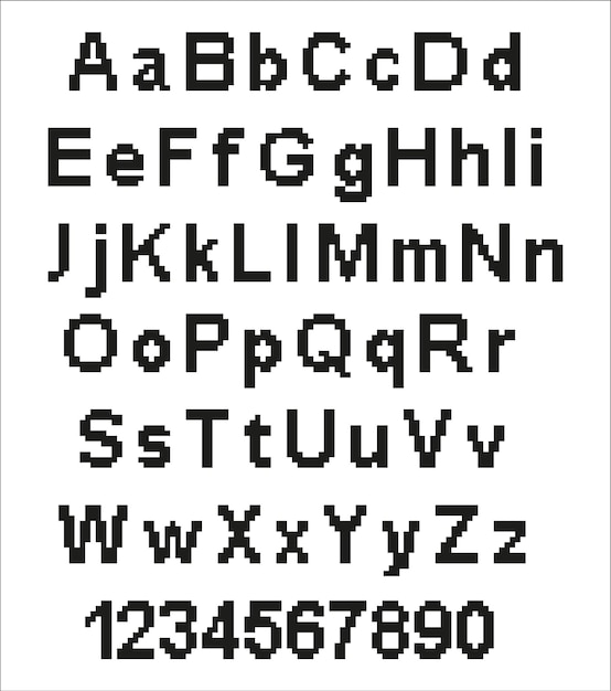 Pixel alphabet letters and punctuation marks Modern stylish font or typeface for headline in style of 80's retro video game vintage computer typography