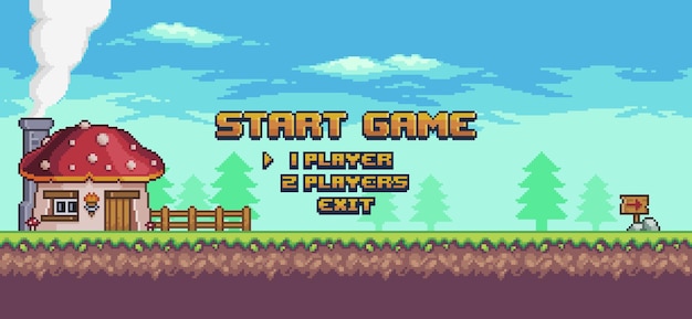 Pixel art 8bit spil startskærm Landskab startspil menubaggrund