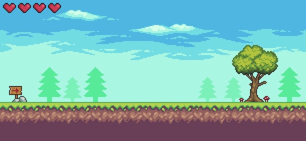 Pixel art arkadespilscene med livlinje træer board og skyer 8bit baggrund