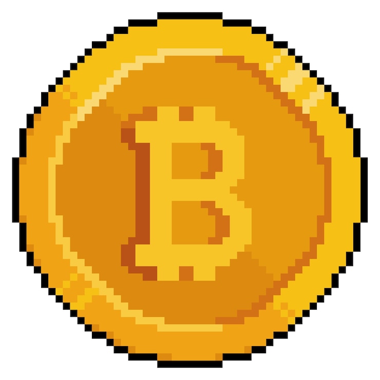 Vektör pixel art bitcoin, gold coin, cryptocurrency game icon on white background