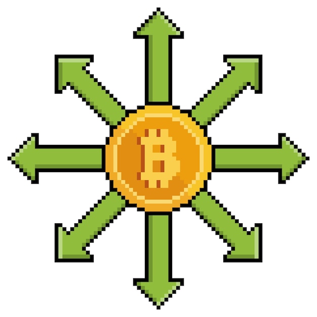 pixel art bitcoin with direction arrows, bitcoin expansion vector icon for 8bit game