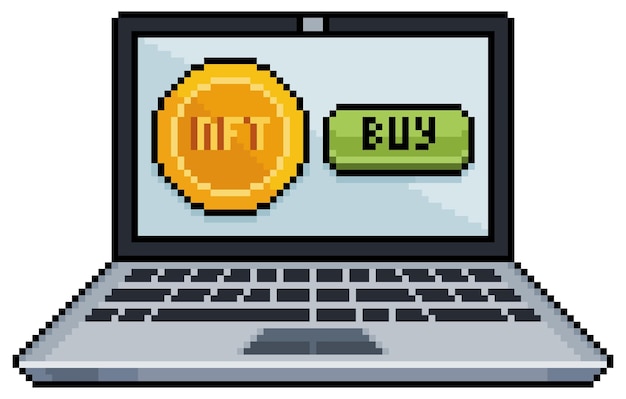 Pixel art buy nft by computer vector icon for 8bit game on white background