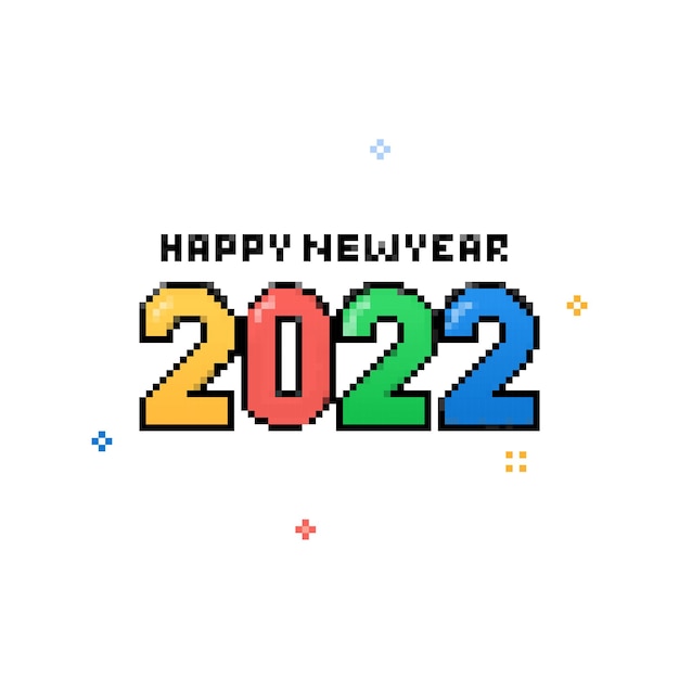 pixel art colorful 2022 happy new year font on white background.
