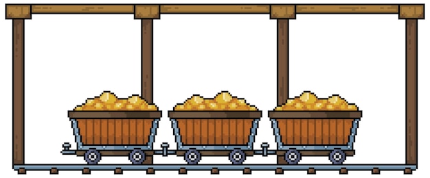 Pixel art gold mine with ore carts in wooden tunnel and rails vector icon for 8bit game