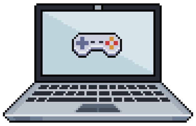pixel art laptop with video game joystick icon on screen vector icon for 8bit game