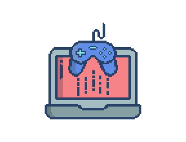 Pixel art of a monitor with a game controller on it.