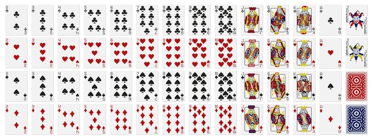 Vektör pixel art playing cards standard 52 playing cards deck with pixelated clubs diamonds hearts and spades illustrated face cards jack queen king and joker vector set