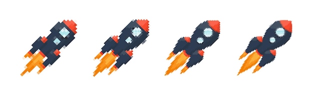 Pixel art rocket with fiery trails retro games spacethemed designs apps or animations 8bit style for