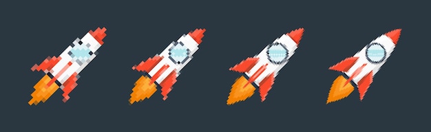 Pixel art rocket with fiery trails retro games spacethemed designs apps or animations 8bit style for