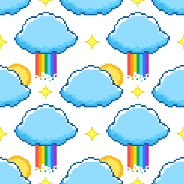 Pixel art seamless pattern with clouds with rainbow and suns on white background