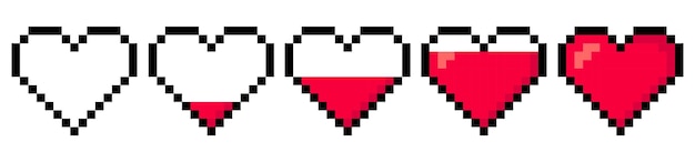 pixel art set with game health hearts isolated on a white background vector 8bit pixel illustration