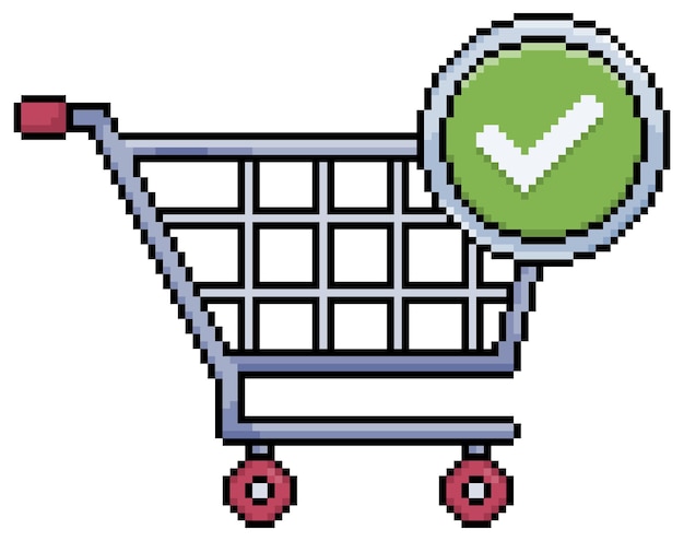 pixel art shopping cart with verified icon vector icon for 8bit game on white background