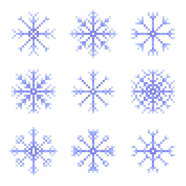 Pixel blue snowflakes set A set of pixel vector snowflakes Christmas New Year 8bit illustration