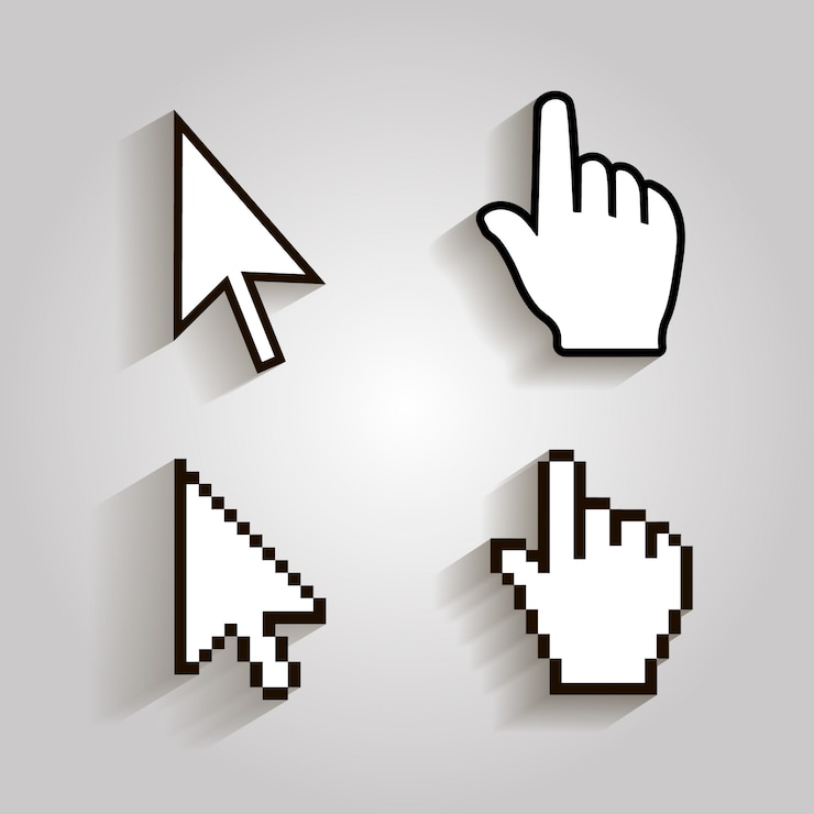 Vektor pixel cursors icons mouse hand arrow.