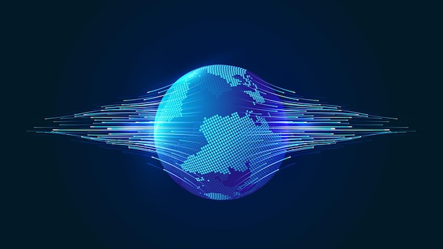 Pixel Earth emits luminous lines from globalization and international technology background