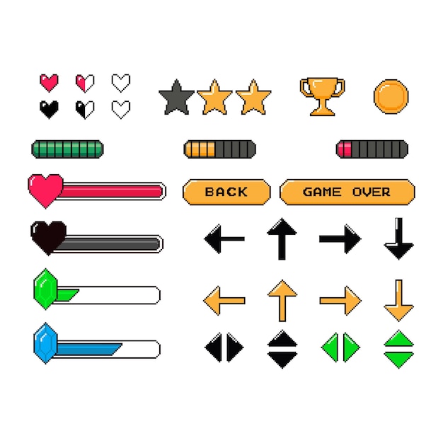 Pixel game icon Retro video games element arcade UI button digital console 8bit interface pixels