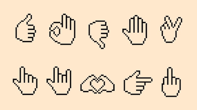 Pixel hand signs Ok and heart symbol showing middle finger and goat rock sign approval and denial gesture palm raised warning symbolism and different vector directions indicated