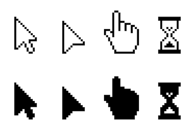 Pixel mouse cursors pointer, arrow and wait. Vector illustrator