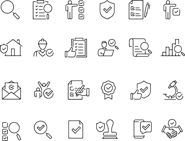 Pixel perfect icon set of inspection examination testing quality control check inspect Thin li